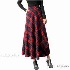 Lasaky - Luxurious High-Rise Full-Length Pleated Skirt Ankle Skirt, Long Flowing Skirts, Long A Line Skirt, Red Plaid Skirt, Midi Skirt With Pockets, Tartan Skirt, Cheap Skirts, Wrap Maxi Skirt, Skirts Midi High Waisted