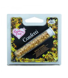 confetti gold star dust in a package on a white background with black and yellow stars