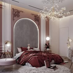 a bedroom decorated in pink and white with a chandelier