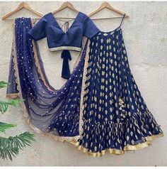 Navy Blue fine quality silk lehenga set !! I will send you a measurement chart to fill up your measurements. The flair of the lehenha is aprox 4.5 - 5 meters. There might be slight variation in the color of the product and the design due to digital photography and different computer resolutions. Navy Blue Lehenga, Ruffle Lehenga, Lehenga Bridesmaid, Indian Bridesmaids, Bridesmaid Saree, Navy Blue And Gold, Blue Lehenga, Indian Lehenga, Ghagra Choli