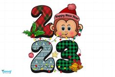 a happy new year's card with the number two and a monkey wearing a santa hat