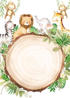 a watercolor drawing of animals around a tree stump with leaves and branches surrounding it