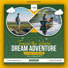 a travel flyer with two people on a boat