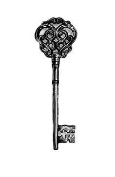 an antique key with ornate designs on it's face is shown in black and white