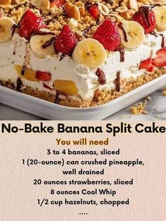 no - bake banana split cake recipe on a white plate with text overlay