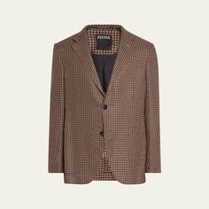 ZEGNA "Fairway" sport coat in houndstooth Notched lapels Two-button closure Chest welt pocket Side patch pockets Unfinished sleeves Double-vented back Wool/mulberry silk Made in Italy Zegna Men, Ermenegildo Zegna, Mulberry Silk, Sport Coat, Welt Pocket, Mens Jackets, Tops Designs, In Italy, Italy