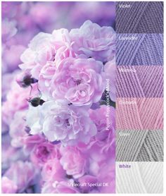 the color scheme is purple and white with pink flowers on it, as well as some other