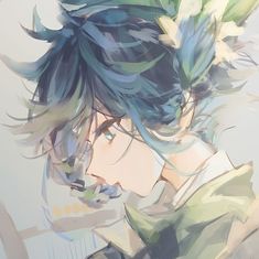 an anime character with blue hair and green leaves on his head looking to the side