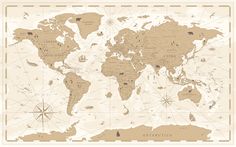 an old world map with all the countries and major cities on it's sides