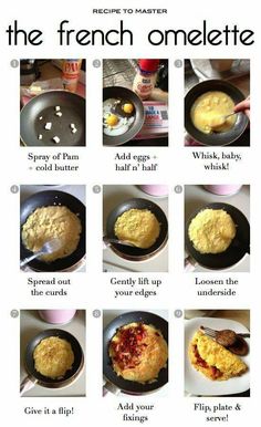 the french omelette recipe is shown with instructions to make it in one pan