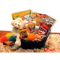 Have a special child on your list with a Birthday coming up or maybe their a little under the weather€¦.. This fun filled gift basket is sure to brighten their day and keep them busy for hours to come. We've included some tasty snacks such as Cracker Jacks, Chocolate chip cookies and more to give them house of munching good times. This gift includes: Blue wicker tray (measures 14x10x6), Crayola coloring & activity book, Crayola coloring book, Crayola 24 pc crayons, Jelly Belly Jelly beans 20 fla Welcome Home Gift Basket, Home Gift Basket, Thanksgiving Basket, Famous Amos, Swirl Lollipop, Kids Gift Baskets, Tasty Snacks, Unique Gifts For Kids, Silly Putty