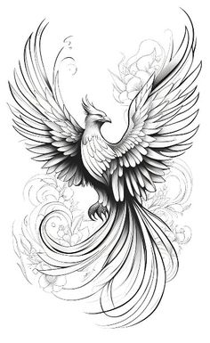 a black and white drawing of a bird with swirls on it's wings