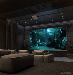 a large screen in the middle of a living room