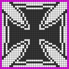 a black and white cross stitched pattern with pink border in the center, on a purple background