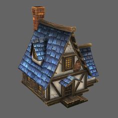 a small house with blue roof tiles on the top and bottom floor, in front of a gray background