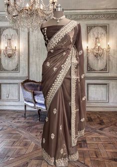 Beautiful brown liquid organza saree with zari and sequins work and embroidered blouse piece Grey Net Saree, Liquid Organza, Golden Saree, Grey Saree, Floral Saree, Modern Saree, Wedding Saree Indian, Net Saree, Contrast Blouse