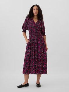 Print Squareneck Midi Dress | Gap Factory Floral Dress Winter, Simple Midi Dress, Winter Teacher Outfits, Denim Midi Dress, Teacher Outfits, Midi Dress With Sleeves, Ruffle Trim, Puff Sleeves, Stretch Denim