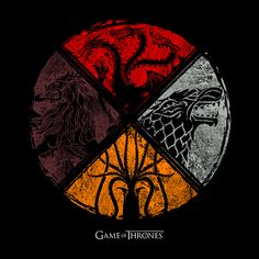 the game of thrones logo with four different colors and symbols on it's black background