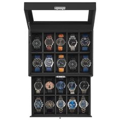 a watch display case with twelve different watches in each section and one on the other side