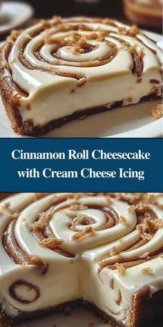 cinnamon roll cheesecake with cream cheese icing is shown on a white platter