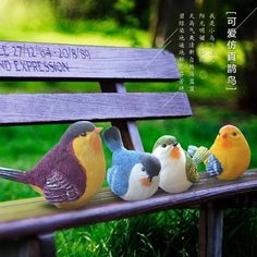 three birds are sitting on a bench in front of the grass and trees with chinese writing