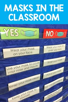 a classroom bulletin board with masks in the classroom on it and text overlay that reads,