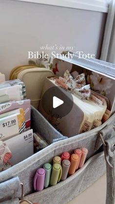 Nlt Journaling Bible, Bible Study Storage Ideas, Bible Study Caddy, Bible Study Bag Ideas, Bible Study Basket Ideas, Bible Study Bag Totes, Bible Study Necessities, Bible Study Nook, Bible Cart