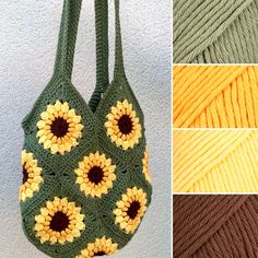 the crochet bag has sunflowers on it and is next to two different colors of yarn