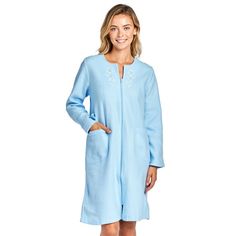 This cozy warm Zipper Front Fleece Robe from Casual Nights, Exceptionally lightweight bathrobe made from poly fleece smooth to the touch fabric. Housecoat features; Long sleeves, stitching detail, flower embroidery appliques, front zip closure measures 28" inches makes the shower robe easy to wear. Measures approx. 39" from shoulder to hem. Perfect for spas, shower houses, dorms, pools, gyms, bathrooms, lounging, changing and more. Excellent Gift Idea. Size: M.  Color: Blue.  Gender: female.  Ag Blue Long Sleeve Sleepwear For Relaxation, Comfortable Long Sleeve Robe For Daywear, Cozy Blue Outerwear For Loungewear, Blue Long Sleeve Robe For Sleep, Blue Long Sleeve Sleep Robe, Fleece Robe, House Coat, Lounge Robes, Womens Robes