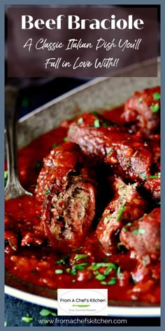 a bowl filled with meat and sauce next to a spoon