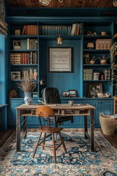 an office with blue walls and wooden floors, built in bookshelves is pictured