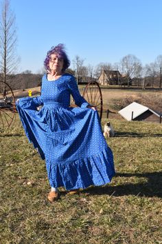 beautiful handmade dress Spring Peasant Dress For Gatherings, Blue Long Sleeve Cottagecore Dress, Vintage Blue Dress With Ruffle Hem, Spring Cottagecore Fitted Peasant Dress, Spring Cottagecore Peasant Dress, Fitted Cottagecore Peasant Dress For Spring, Blue Long Sleeve Prairie Dress, Blue Cottagecore Vintage Dress For Spring, Fitted Peasant Prairie Dress With Ruffles