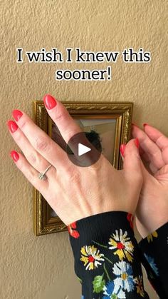 a woman's hand with red fingernails and ring on it that says, i wish i knew this soon