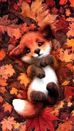 a stuffed fox laying on top of leaves in the fall with its paw up to it's chest