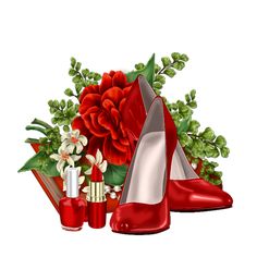 a pair of red high heeled shoes next to a bouquet of flowers and lipstick