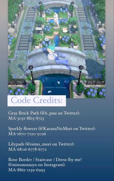 an aerial view of a garden with blue flowers and trees in the background, text reads code credits gray brick 6 / 6 - pun on twitter