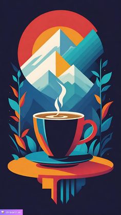 a cup of coffee sitting on top of a saucer next to a mountain range