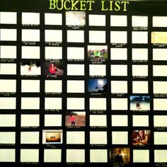 the bucket list is displayed in front of a black board with white squares and pictures on it