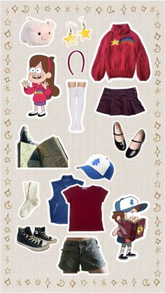 the back side of a poster with many different items on it, including shoes and clothing