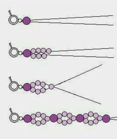 three different types of stringing are shown in purple and pink colors on white paper