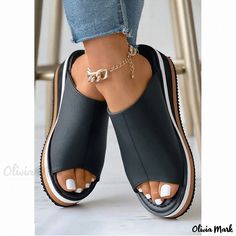 Olivia Mark - Monochrome Peep-toe Mules with Chunky Heels Casual Open Toe Heels In Polyurethane, Black Wedge Sandals With Contrasting Heel And Round Toe, Black Open Toe Wedge Sandals With Contrasting Heel, Black Chunky Heels, Olivia Mark, High Heel Sandals, Strap Sandals, Chunky Heels, Low Heels