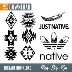 the logos for native american designs are shown in black and white, as well as an orange