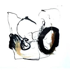 an abstract painting on white paper with black and brown lines in the center, including two circles