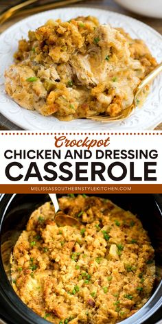 Enjoy yummy comfort food with this Crockpot Chicken and Dressing Casserole! Made with chicken breasts, cornbread stuffing mix, cream of chicken and celery soups, and seasoned with onion and celery, this dish is perfect for hearty dinner recipes that make family meals easy and delicious! Cream Of Chicken Stuffing Casserole, Cream Of Chicken Crockpot, Chicken And Cornbread Casserole, Family Meals Easy, Crockpot Chicken And Dressing, Crockpot Rotisserie Chicken, Chicken And Dressing, Dressing Casserole, Chicken And Dressing Casserole