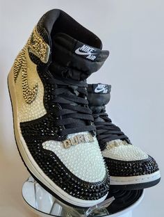 White High-top Custom Sneakers With Rhinestones, White Custom Sneakers With Bling, Round Toe, Silver High-top Sneakers With Bling, Silver High-top Sneakers With Rhinestones, Rhinestone Nikes, Women In Jordans, Bedazzled Shoes Diy, Rhinestone Sneakers, Cute Casual Shoes