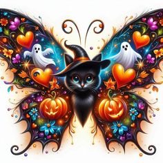 a black cat wearing a witches hat with pumpkins and ghost wings on it's wings