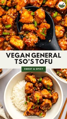 the cover of vegan general tso's tofu with rice and chopsticks