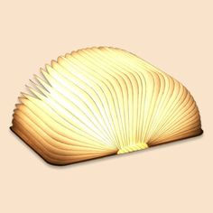 an open book shaped like a fan on top of a beige surface with light coming from it