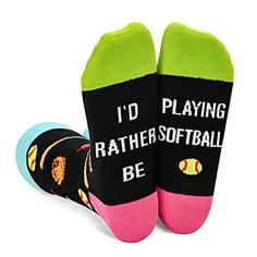 BASEBALL SOCKSFunny baseball socks for men . Suitable for baseball fans lovers. The funny saying on the bottom express your love for baseball: I'D RATHER BE PLAYING BASEBALL. Wearing these cool socks is sure to suprise your friends.SIZE & PACKINGCrazy socks for men, Crew length, Unisex design fits most men US size 6-13 feet and most women US size 7 and up. 1 pair comes in each plastic zippered ZMART bag.QUALITY MATERIALI'd rather be playing baseball socks. We use 80% Combed Cotton, 17% Polya Thanksgiving Socks, Sock Display, Softball Socks, Socks Gifts, Gifts For Baseball Lovers, Silly Socks, Sports Lover Gifts, Softball Coach, Softball Gifts