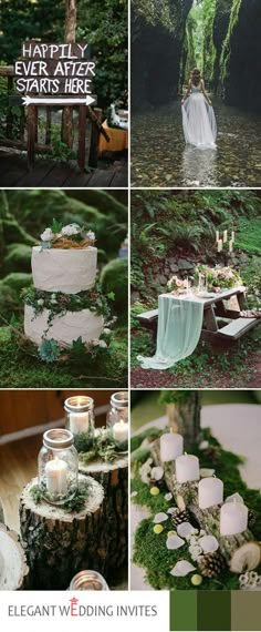 a collage of photos with candles, moss and flowers on them in the woods